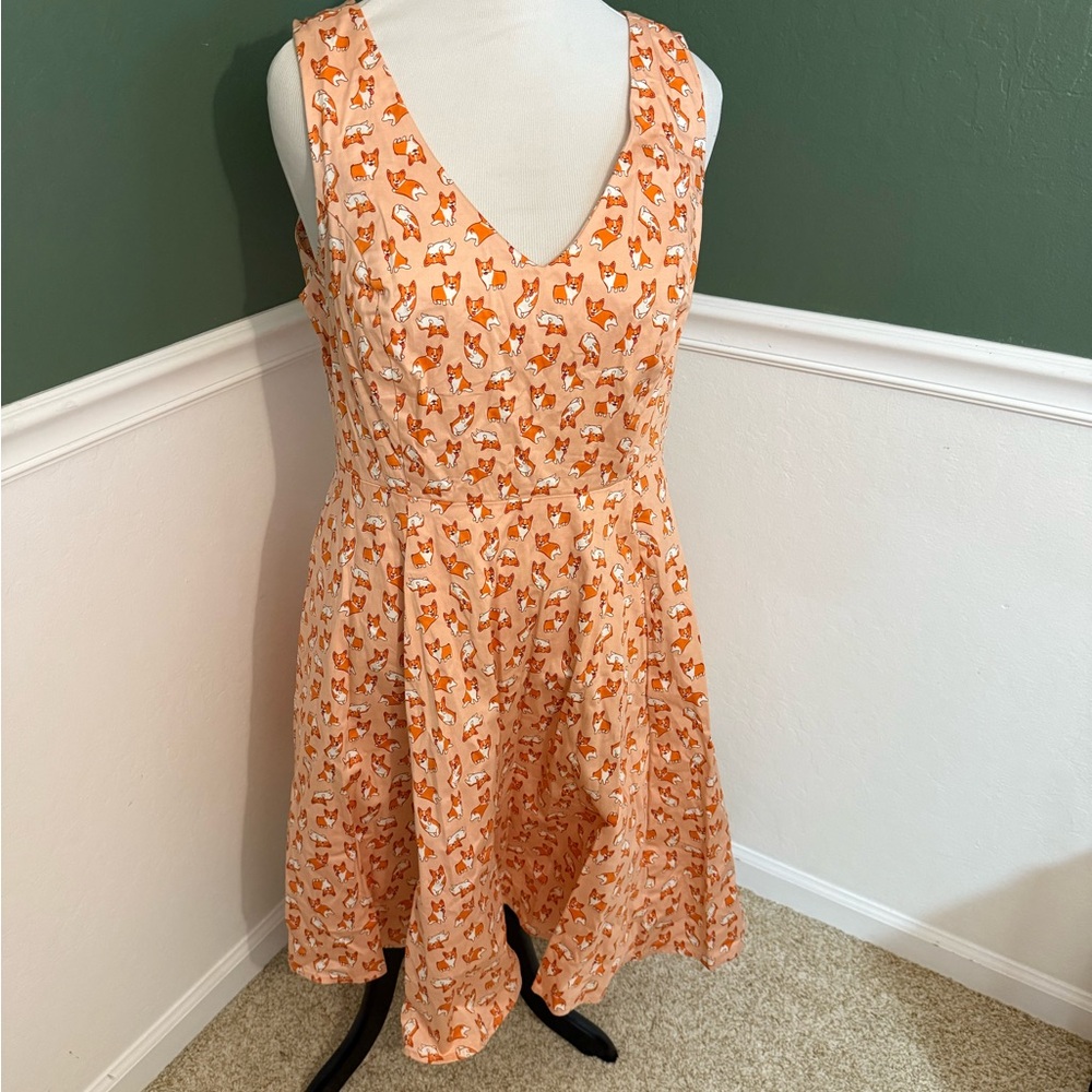 Eva Rose Corgi Print Fit & Flare Dress Peach Orange Size 2X Made in USA